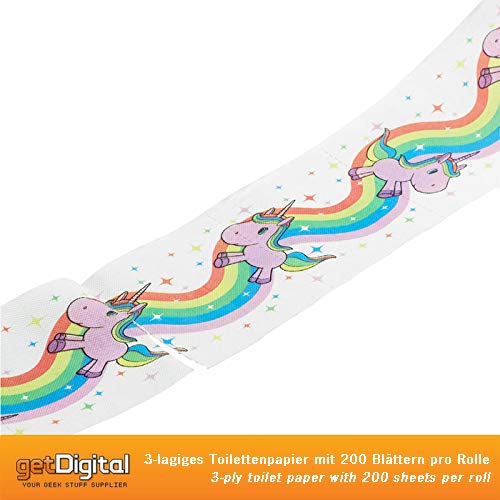 getDigital Papel higiénico unicornio y arcoíris - 1 rollo con 200 hojas - Caja de regalo incluida - 3 capas