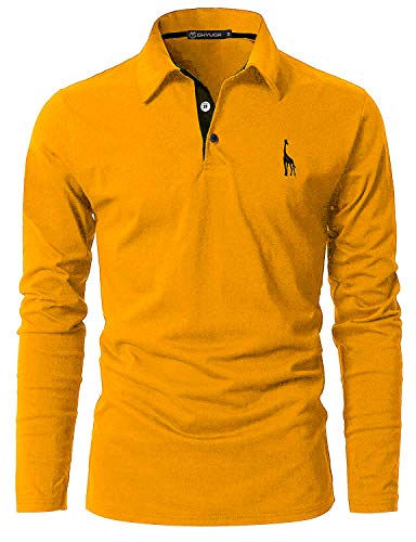 GHYUGR Polo Manga Larga Hombre Algodón Negocios Elegante Bordado de Ciervo Golf Tennis Otoño Invierno Poloshirt Camisas,Amarillo,XL