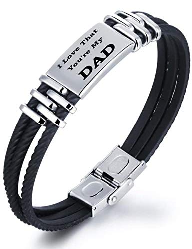 Gkmamrg Hombre Pulsera con Grabado I Love That You 're my Dad Silicona Negro Acero Inoxidable Trenzado Brazo Maduro con Caja de Regalo para Dad Papa Père Regalo (I Love That You Are my Dad)