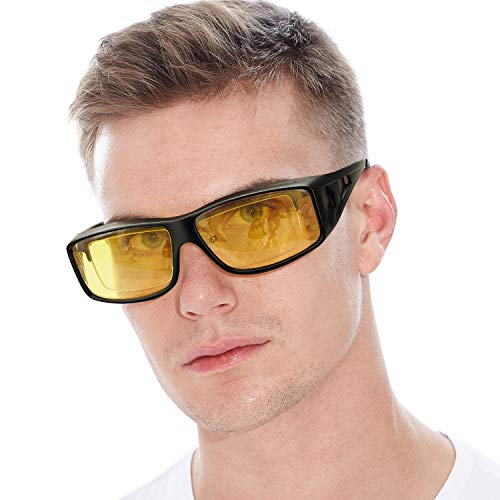 Grandes Gafas de Visión para Conduccion Nocturna Sobre Gafas Polarizadas Lente Amarilla Anti Reflectante - Protección 100% UVA & UVB (Negro mate/Amarillo)