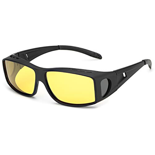 Grandes Gafas de Visión para Conduccion Nocturna Sobre Gafas Polarizadas Lente Amarilla Anti Reflectante - Protección 100% UVA & UVB (Negro mate/Amarillo)