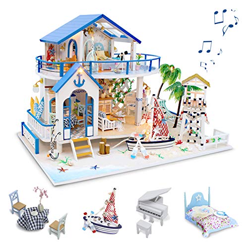 GuDoQi Casa de Muñecas de Madera DIY, Miniatura de la Casa de Muñecas con Muebles y Música, Modelo de Mini Apartamento Hecho a Mano para Adultos, Blue Sea Legend