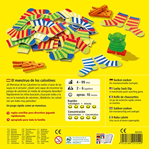 HABA Monstruo de los Calcetines-ESP (302255), Juego de búsqueda 2-6 Jugadores de 4 a 99 años, reacción rápida y Consejos para el Desarrollo del lenguaje, para Toda la Familia