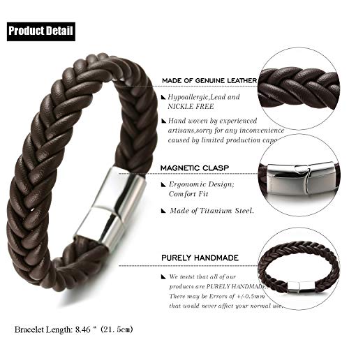 Halukakah ● Roma ● Hombres Cuero Genuino Marrón Hecho a Mano Pulsera Trenza Patrón V Plata Cierre Magnético de Titanio Acero Inoxidable 8.5"(21.5cm) con CajaDeRegaloGRATIS