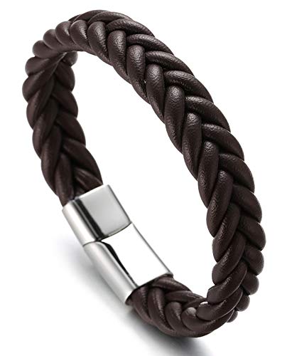 Halukakah ● Roma ● Hombres Cuero Genuino Marrón Hecho a Mano Pulsera Trenza Patrón V Plata Cierre Magnético de Titanio Acero Inoxidable 8.5"(21.5cm) con CajaDeRegaloGRATIS