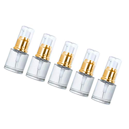 Hemoton 5 Piezas Botella de Bomba de Vidrio Mini Vacía Botella de Perfume Cosmética Recargable Dispensador de Aceite Esencial Botellas de Bomba para Viajes a Domicilio 20 Ml (Dorado + Blanco)