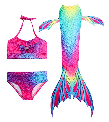 Hifunbay Cola de Sirena Niña para Nadar Incluido Traje de Sirena Baño de Bikini de 3 Piezas y Diadema con Guirnaldas de Flores sin monoaleta (DH02-B07, 130)