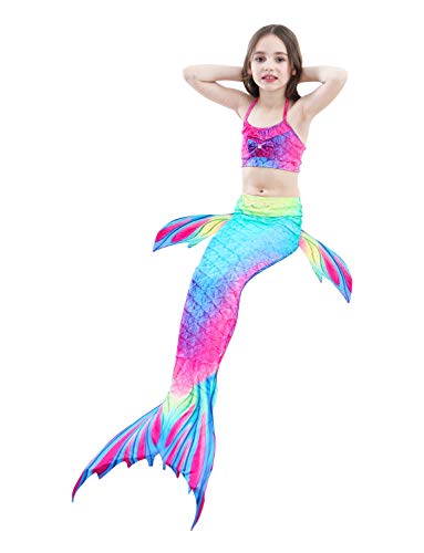 Hifunbay Cola de Sirena Niña para Nadar Incluido Traje de Sirena Baño de Bikini de 3 Piezas y Diadema con Guirnaldas de Flores sin monoaleta (DH02-B07, 130)