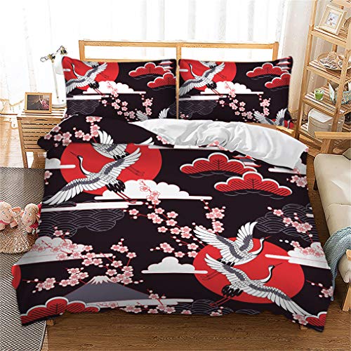 HNHDDZ Funda Nórdica Etnica Oriental Juego de Cama Flor de Ciruela Grulla Blanca Nube Dom Funda Nórdica Grulla Blanca Funda Nórdica Blanco Rojo Negro (200x200 cm - Cama 135 cm)