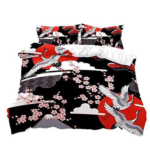 HNHDDZ Funda Nórdica Etnica Oriental Juego de Cama Flor de Ciruela Grulla Blanca Nube Dom Funda Nórdica Grulla Blanca Funda Nórdica Blanco Rojo Negro (200x200 cm - Cama 135 cm)