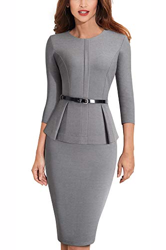 HOMEYEE Negocio Vestido de Mujer Cuello Redondo Peplo Cinturón B473 (EU 38 = Size M, Gris)