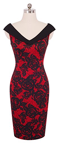 HOMEYEE Vestido de cóctel Floral sin Mangas con Cuello en V sin Mangas Vintage Rose B425(EU 38 = Size M,Rojo)