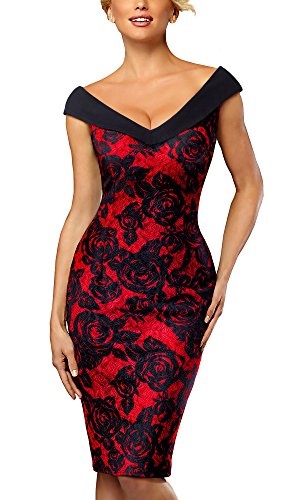 HOMEYEE Vestido de cóctel Floral sin Mangas con Cuello en V sin Mangas Vintage Rose B425(EU 38 = Size M,Rojo)