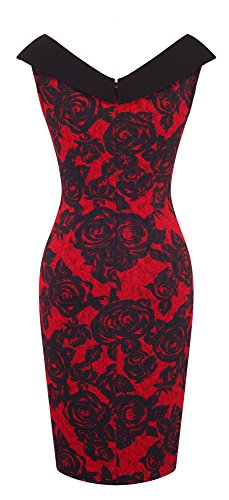 HOMEYEE Vestido de cóctel Floral sin Mangas con Cuello en V sin Mangas Vintage Rose B425(EU 38 = Size M,Rojo)