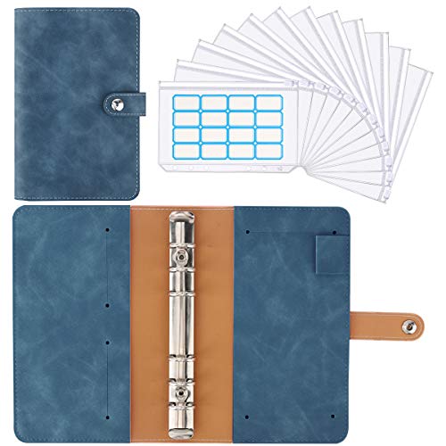 Housolution Carpeta de Cuaderno de 6 Anillas, Cubierta de Hojas Sueltas de Cuero de PU con 12 Sobres de Plástico Transparente con Cremallera A6, Bolsillos y Etiqueta Autoadhesiva - Azúl de Jeans