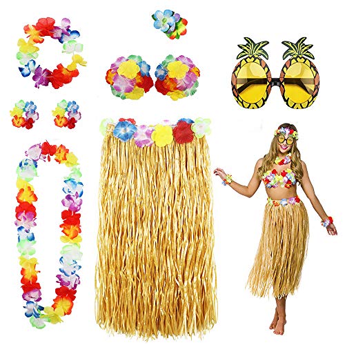 Hula Dancer Disfraz,Hula Juego de Falda de Hierba, Incluye Pulsera Diadema Collar de Flores Hierba Clip de Pelo Hibisco,Hula Juego de Falda de Hierba