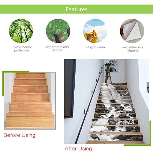 HUYYA Cascade Pierres Roche 3D Sticker Contremarche Escalier, Stickers Escalier Marche 13 Pieces Stickers Escalier Autocollants Imperméable Auto-Adhésifs Réformé escalier, 39.4 X7.08Inch,S