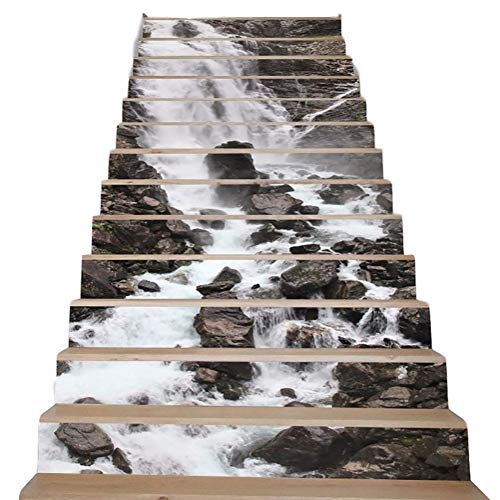 HUYYA Cascade Pierres Roche 3D Sticker Contremarche Escalier, Stickers Escalier Marche 13 Pieces Stickers Escalier Autocollants Imperméable Auto-Adhésifs Réformé escalier, 39.4 X7.08Inch,S