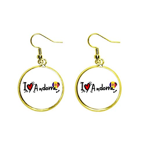 I Love Andorra Word Flag Love Heart Illustration Ear Hang Golden Drop Pendiente Joyería Mujer