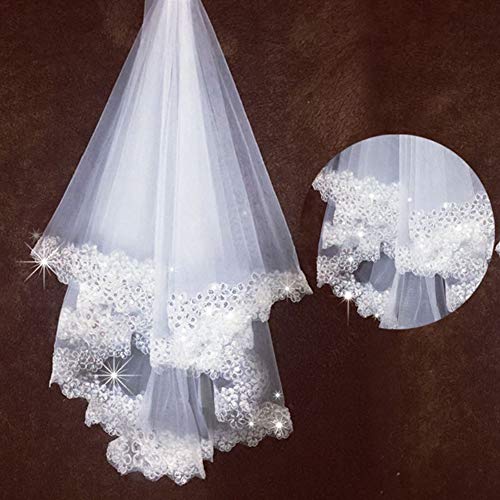 IBLUELOVER - Velo de novia bordado de encaje con lentejuelas, velo largo elegante blanco nupcial, accesorio de fiesta de princesa, marido de tul para ceremonia, fotógrafo de noche 1.5*1.1m Talla única