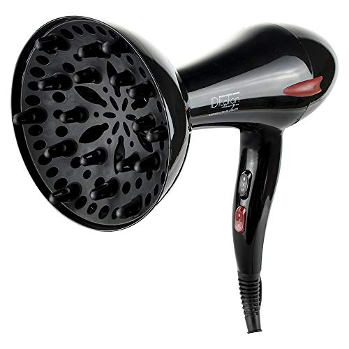 ID Italian Design | Secador de Pelo con Difusor Profesional 2 Modos de Calor, 2 Velocidades de Color Negro - 2200W