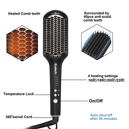 iGutech Cepillo alisador de pelo, Planchas del pelo con función anti-escaldado, cepillo de pelo eléctrico de calentamiento rápido, temperatura ajustable, apagado automático