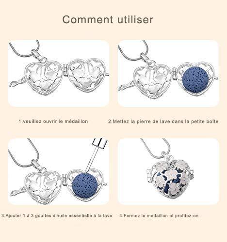 INFUSEU Family Tree of Life Collar de aromaterapia con 7 Piezas de Piedra de Roca de Lava en Forma de corazón, joyería de medallón de difusor de Aceite Esencial para Mujeres