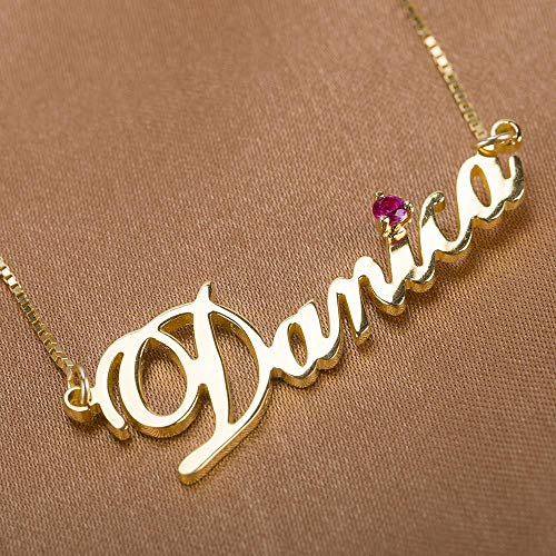 J. Brace collar con nombre personalizado de oro de 24 K estilo Carrie con placa de nombre colgante con piedra de nacimiento personalizada regalo para las mujeres