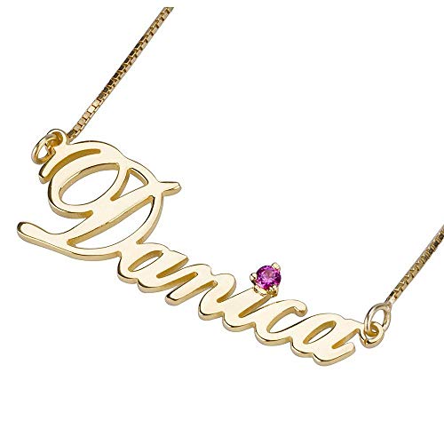 J. Brace collar con nombre personalizado de oro de 24 K estilo Carrie con placa de nombre colgante con piedra de nacimiento personalizada regalo para las mujeres