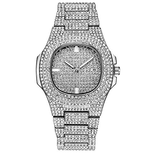 Jacklin-F Unisex Bling-ed out Round Reloj para Hombre Reloj de Diamante Reloj de Hip Hop con a Juego 7.87"/ 20cm Helado Pulsera Cubana de Plata-Oro Disponible