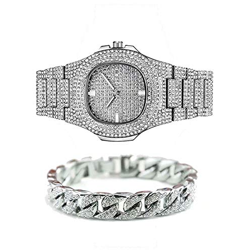 Jacklin-F Unisex Bling-ed out Round Reloj para Hombre Reloj de Diamante Reloj de Hip Hop con a Juego 7.87"/ 20cm Helado Pulsera Cubana de Plata-Oro Disponible