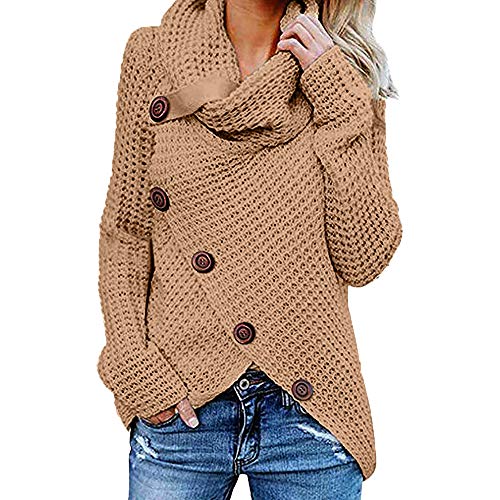 Jerseys De Punto para Mujer Cuello de Tortuga Manga Larga Suelto Prendas de Punto Suéter Irregular Jerséis Collar de la Pila Tops Cálido Otoño Invierno riou (z-Khaki, XL)