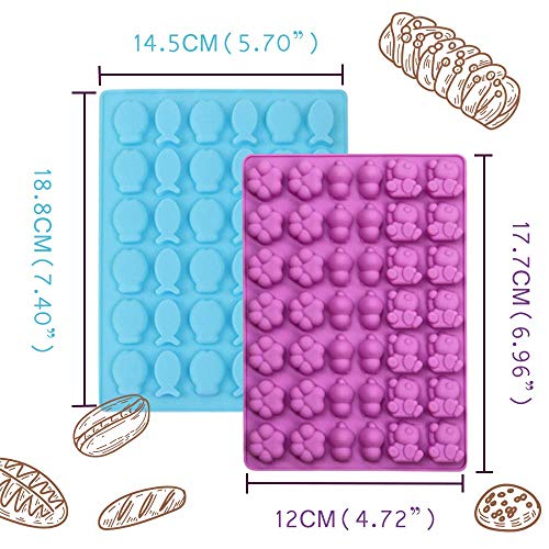 JEZOMONYMoldes de silicona para chocolate, incluye osos, pescado, mini donut, molde para dulces y bandeja de silicona para cubitos de hielo, paquete de 3 con 1 cuentagota