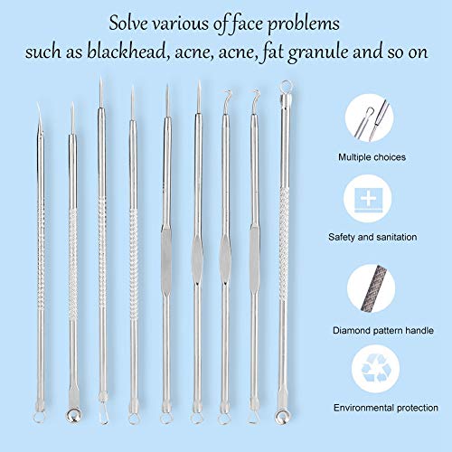 Juego de herramientas de eliminación de puntos negros, 9 piezas Juego de extractores de puntos negros Juego de herramientas de limpieza de caras de eliminación(funda de piel sintética)