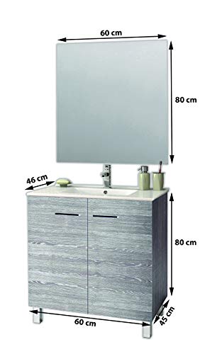 Juego de Mueble de Baño Modelo ESPACE, Conjunto formado por Mueble de Baño Dos Puertas Lacado en Color Ceniza, Medidas (60x45x80), Lavabo Encimera y Espejo. Compacto no precisa montaje