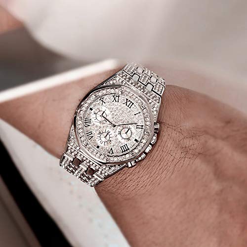 JunMei Reloj Bling Hombre, Reloj de Diamantes de imitación con Diamantes de imitación con Diamantes de Diamante de Hip Hop - Movimiento de Cuarzo