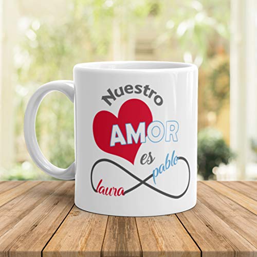 Kembilove Taza de Café Pareja – Taza de Desayuno con Nombre Personalizado – Taza de Café y Té para Enamorados – Taza de Cerámica Impresa – Tazas para San Valentín de 350 ml (Amor Rojo/Azul)