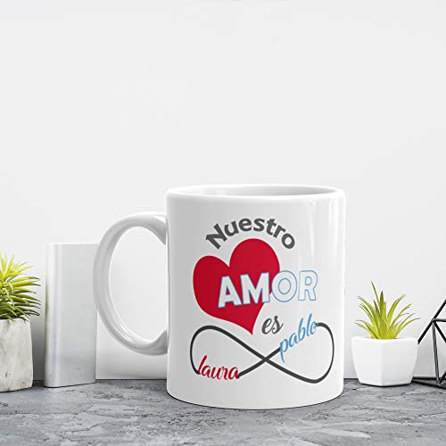 Kembilove Taza de Café Pareja – Taza de Desayuno con Nombre Personalizado – Taza de Café y Té para Enamorados – Taza de Cerámica Impresa – Tazas para San Valentín de 350 ml (Amor Rojo/Azul)