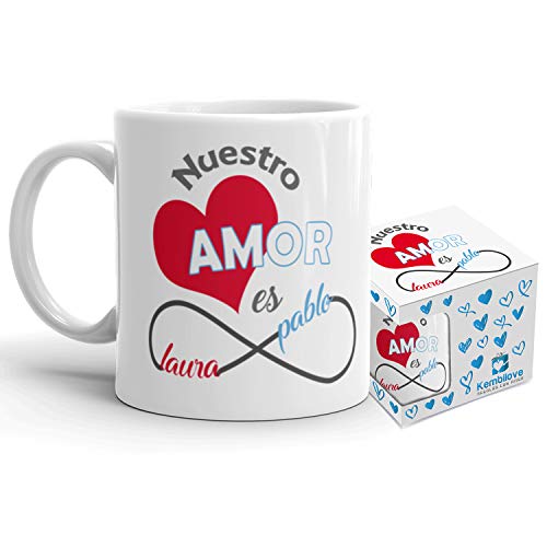 Kembilove Taza de Café Pareja – Taza de Desayuno con Nombre Personalizado – Taza de Café y Té para Enamorados – Taza de Cerámica Impresa – Tazas para San Valentín de 350 ml (Amor Rojo/Azul)