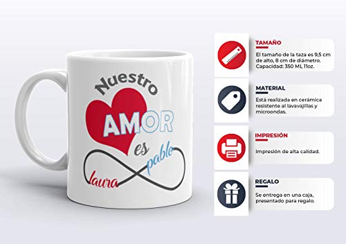 Kembilove Taza de Café Pareja – Taza de Desayuno con Nombre Personalizado – Taza de Café y Té para Enamorados – Taza de Cerámica Impresa – Tazas para San Valentín de 350 ml (Amor Rojo/Azul)