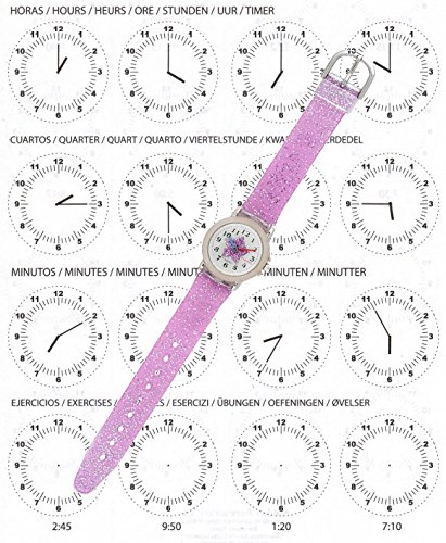 KIDDUS Reloj de Pulsera analógico para niña, Chica. con Ejercicios educativos para Aprender la Hora. Mecanismo de Cuarzo japonés Purpurina, Elegante y a la Moda. FAB4 Estrella