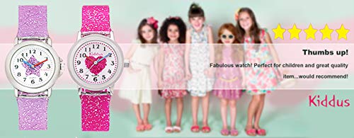 KIDDUS Reloj de Pulsera analógico para niña, Chica. con Ejercicios educativos para Aprender la Hora. Mecanismo de Cuarzo japonés Purpurina, Elegante y a la Moda. FAB2 Corazón