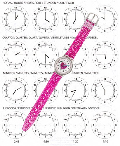 KIDDUS Reloj de Pulsera analógico para niña, Chica. con Ejercicios educativos para Aprender la Hora. Mecanismo de Cuarzo japonés Purpurina, Elegante y a la Moda. FAB2 Corazón