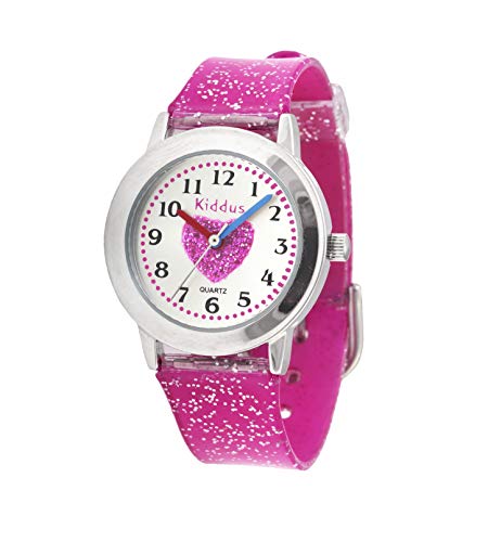 KIDDUS Reloj de Pulsera analógico para niña, Chica. con Ejercicios educativos para Aprender la Hora. Mecanismo de Cuarzo japonés Purpurina, Elegante y a la Moda. FAB2 Corazón