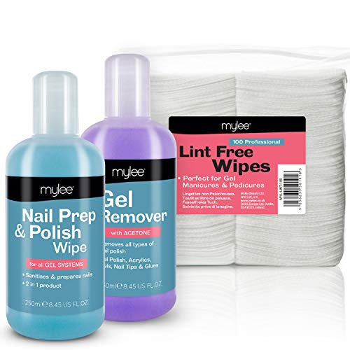 Kit de manicura Mylee Salon, removedor de esmalte y preparación para uñas y toallitas para uñas Paquete de LED UV Paquete para esmalte de gel profesional Remoje la manicura y la pedicura.