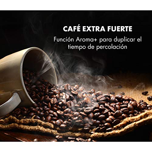 KLARSTEIN Aromatica X Máquina de café con molinillo conico- 3 Niveles de molido, Temporizador Regulable, Pantalla LED, Conserva el Calor, hasta 12 Tazas, Acero Inoxidable, Jarra de Cristal, Plateado