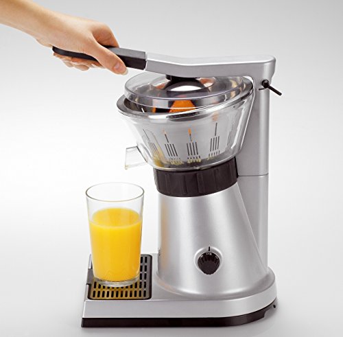 Krups Citrus Press ZX7000 - Exprimidor con tapa y clip para sujetar cítricos, filtro de pulpa, boquilla de servicio directo al vaso, 130 W, acero inoxidable, color plata