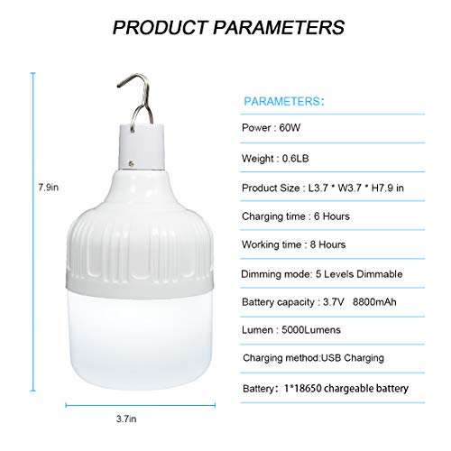 LETOUR Farol de Acampada, Bombilla de luz LED con Colgador, Recargable por USB 60W 5000 lúmenes 5 Niveles Regulables, luz portátil para Trabajar y para Exteriores Camping Patio jardín Barbacoa