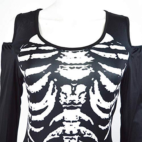 LEYUANA Vestido de Fiesta de Halloween Mono con Hombros Descubiertos DRES, Vestido de Mujer Otoño Punk Estampado de Calavera O-Cuello de Manga Larga Esqueleto Sexy S 01