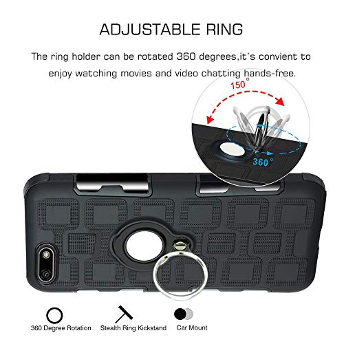 LFDZ Huawei Y5 2018 Anillo Soporte Funda 360 Grados Giratorio Ring Grip con Gel TPU Case Carcasa Fundas para Huawei Y5 2018 / Y5 Prime 2018 / Honor 7s Smartphone,Negro